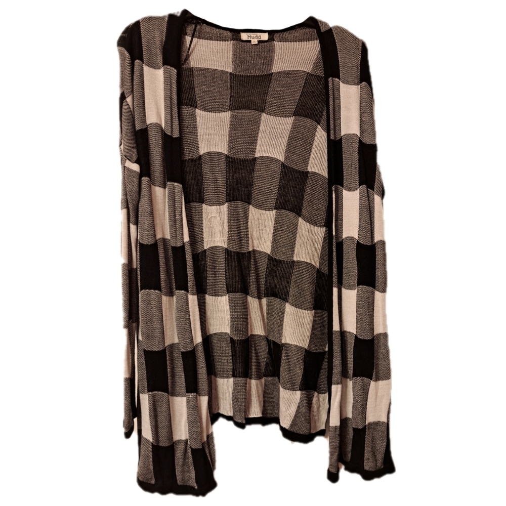 Mudd Size M Checker Print Black and White Knit Long Cardigan Sweater